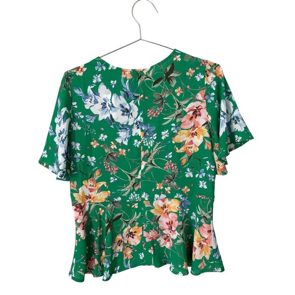 Loft Peplum Blouse Size 2 Floral Short Sleeve Back Zipper Green Multicolor Boho - Picture 4 of 8